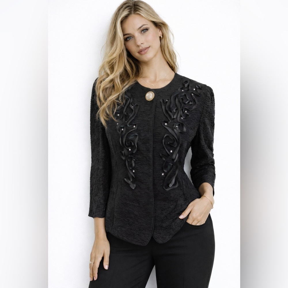 Leslie Fay Petite 8P Black Beaded Embellished Career Jacket Blazer Snap Front